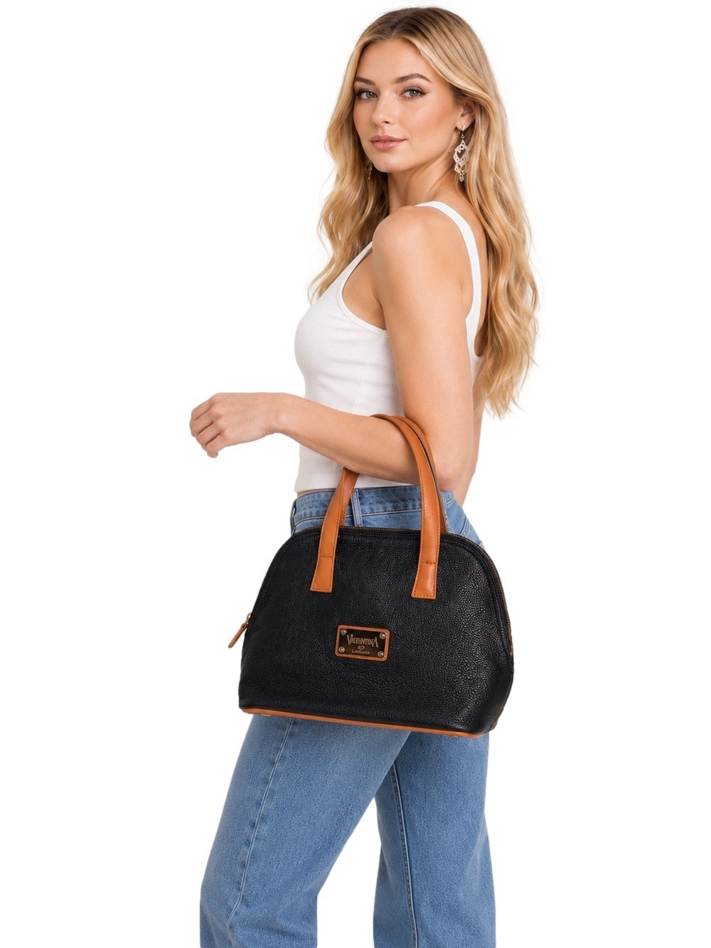 Valentina Italian Leather Structured Black Dome Purse with Tan/Orange Trim